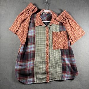 Arizona Jean Company Plaid Patchwork Button-Down Shirt in Red, Blue, Green
